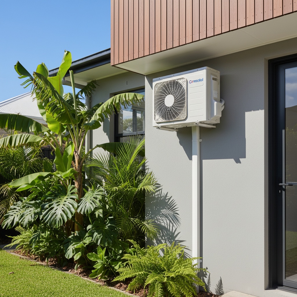 A new split-system air conditioner cleanly installed on a Northern Rivers home surrounded by subtropical greenery
