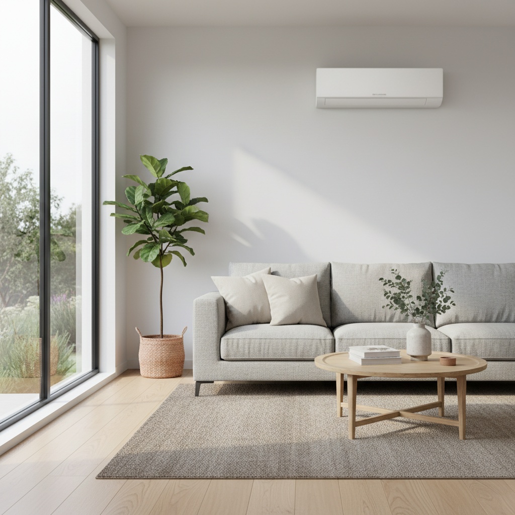 A clean reverse-cycle split-system air conditioner installed in a calm modern Northern Rivers living room